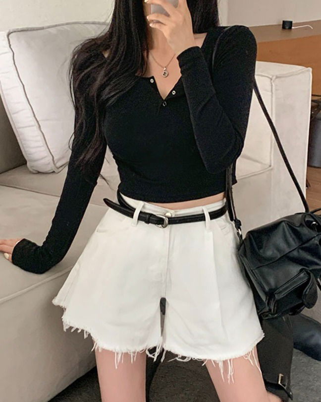 옆셔링 글램 버튼 긴팔 티