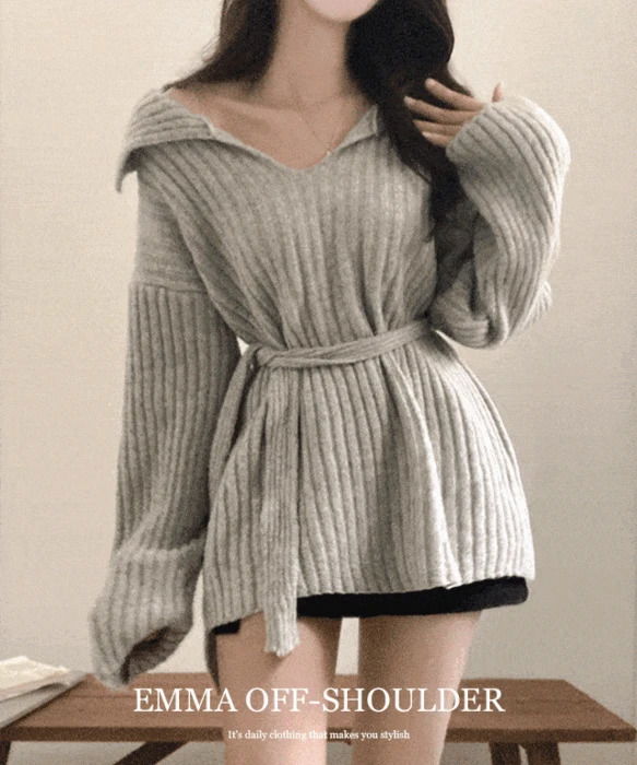 羅紋開襟露肩連帽針織洋裝附腰帶套裝