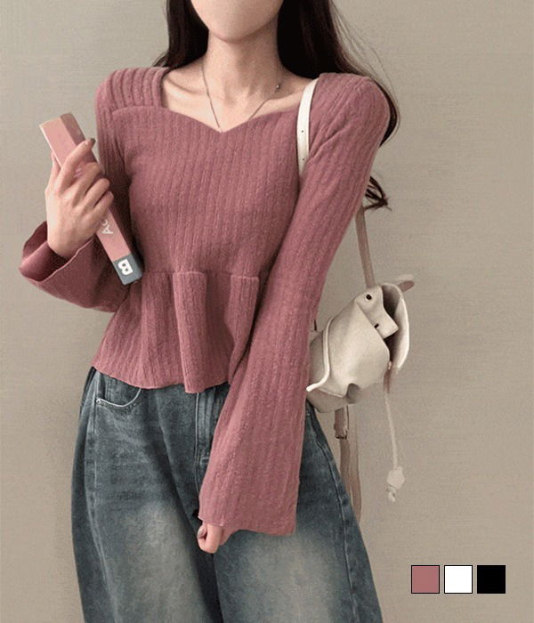 보니 겉기모 하트넥 플레어 블라우스 골지 티셔츠