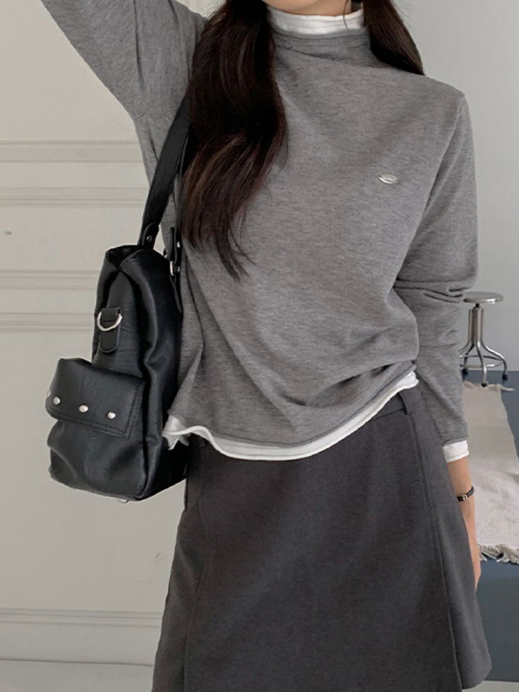 撞色彈性高領七分袖針織上衣