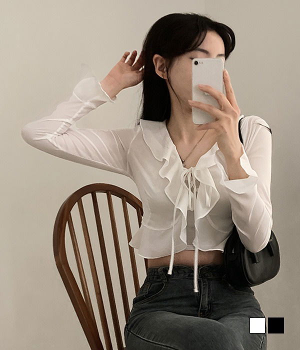 Blossomly frill eyelet ribbon chiffon crop cardigan blouse