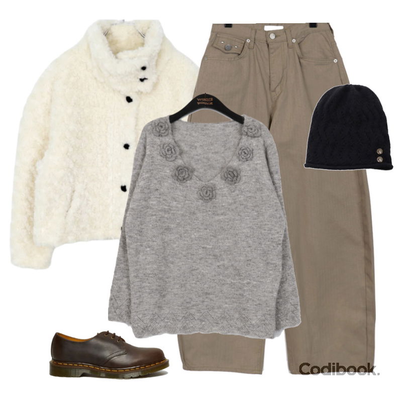 wonderwonder 휴너 빈티지 꽃 루즈핏 오프숄더 니트,ondeed 듀아 버튼 니트 비니,wonderwonder 핏츠 스터드 백포켓 줄지 코튼 와이드 팬츠등을 매치한 코디