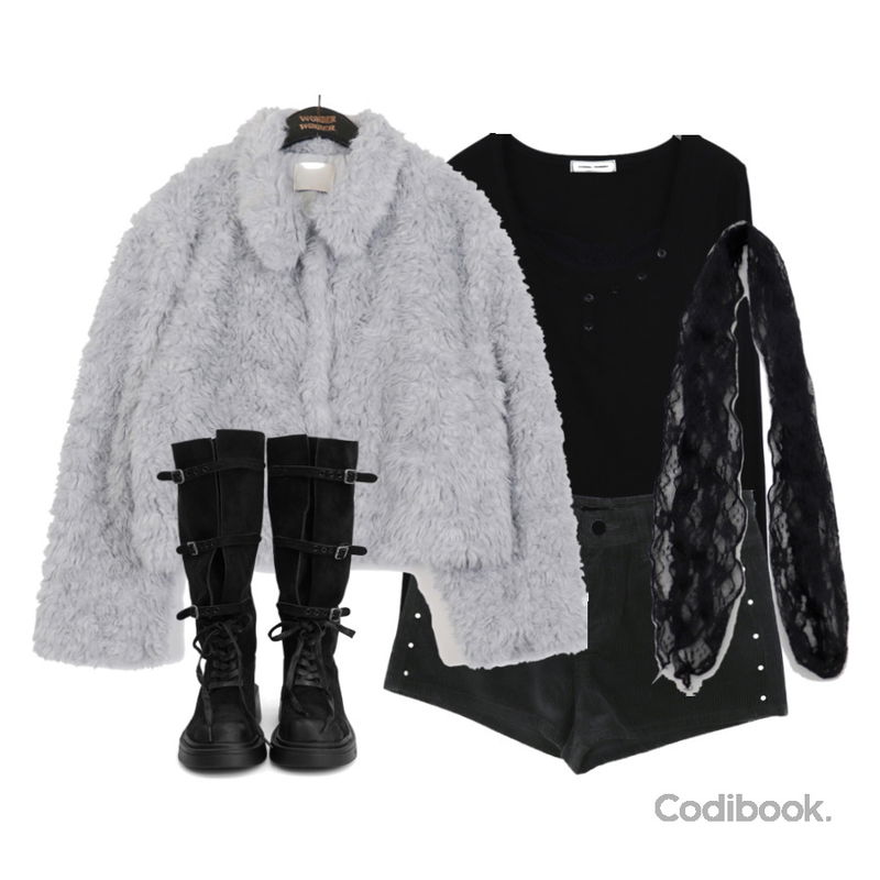 wonderwonder 느베 레이스 포인트 버튼 골지 긴팔 티셔츠,binary01 킬란 레이스업 스웨이드부츠,wonderwonder 로에 카라 퍼 숏 자켓등을 매치한 코디