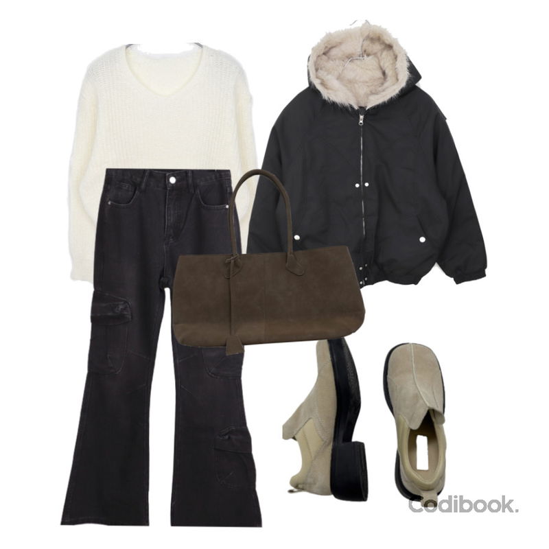 inchant me 쿠크 스웨이드 청키 스니커즈 (2C),wonderwonder 안톤 카고 포켓 흑청 부츠컷 데님 팬츠,binary01 펜티지 스웨이드 숄더백등을 매치한 코디