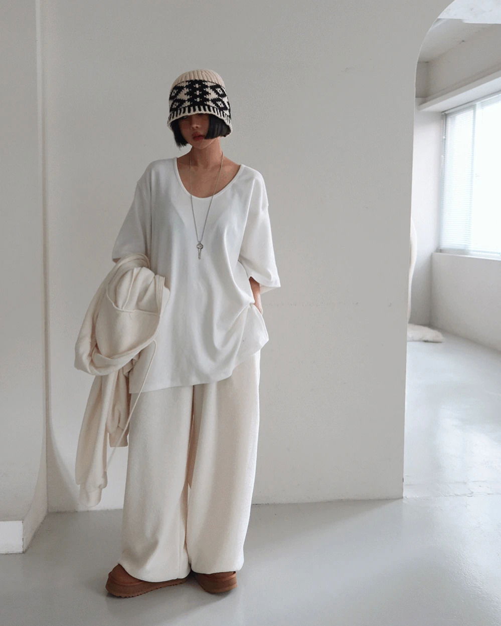 Peach Fleece-lined Inner Boxy Short Sleeve T-shirt