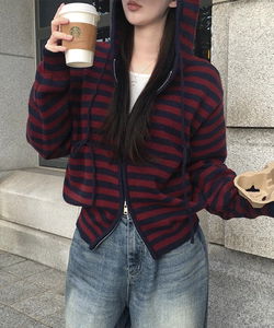 Build Striped Color Block Two-Way Knitwear Hooded Zip-Up - 5 Colors