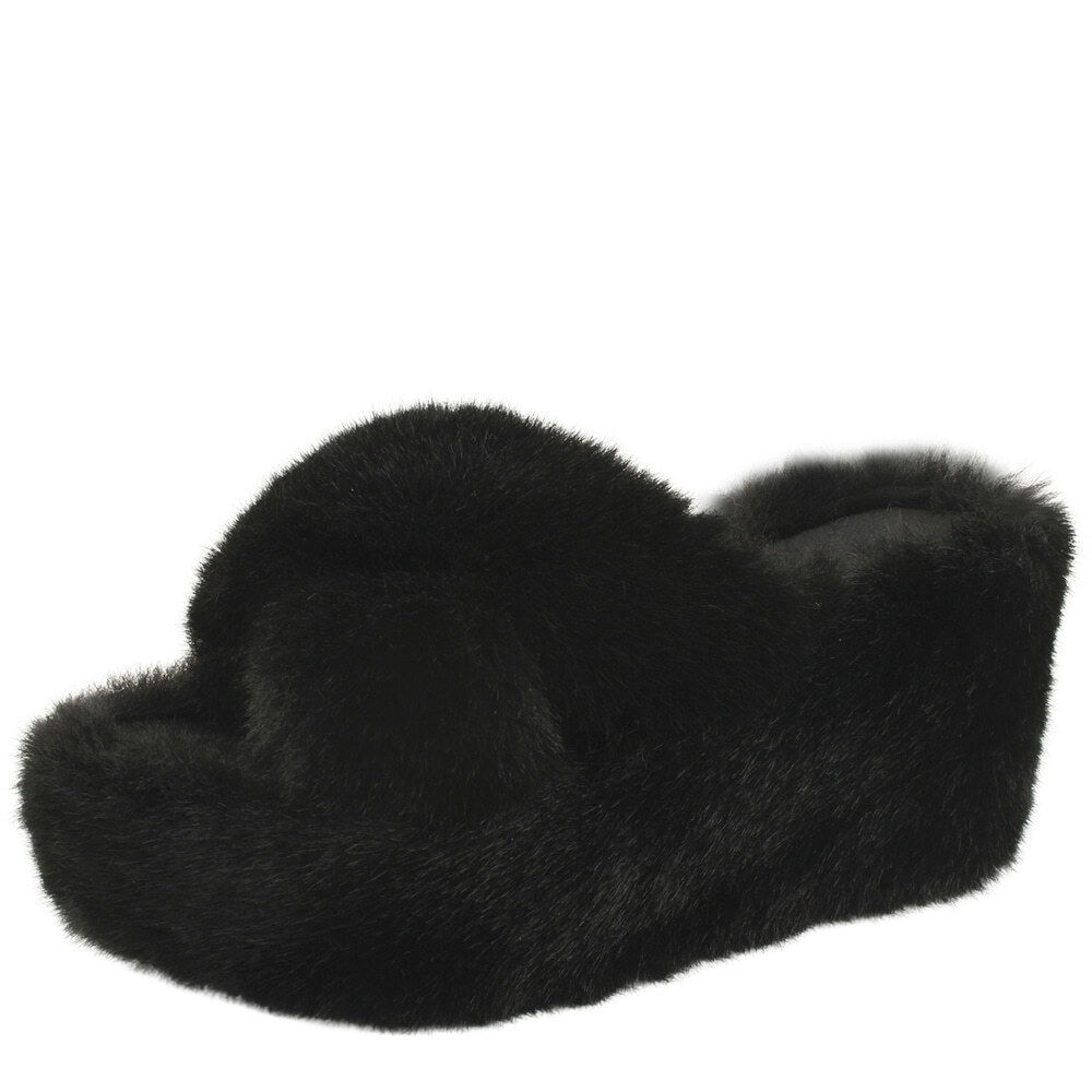 ファーウェッジハイヒールガボシミュールスリッパ9cmブラック