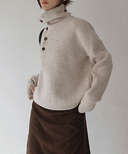 Endive Loose Turtleneck Warmer Uneven Button Golji Knit