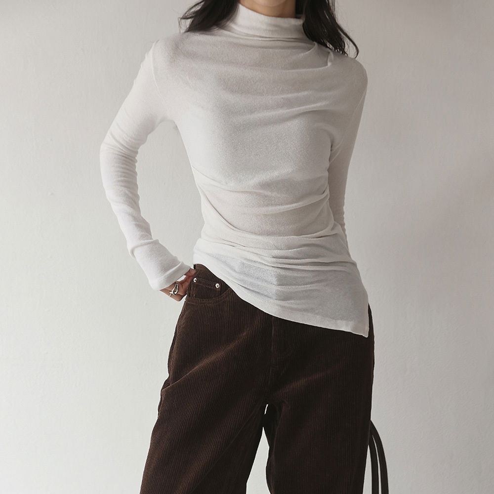 Heidi Wool Angora High Neck Uneven Shirring Tee