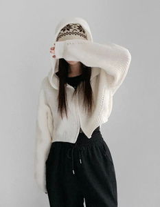 Double-sided zipper 23 cropped hooded knitwear cardigan