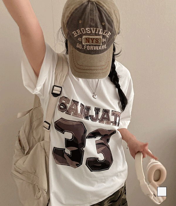 원티 카모 레터링 패치 루즈핏 반팔 티셔츠