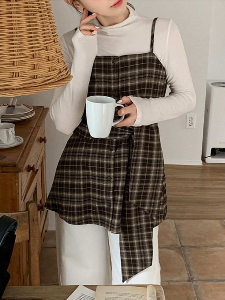 格紋吊帶方領兩件式背心洋裝