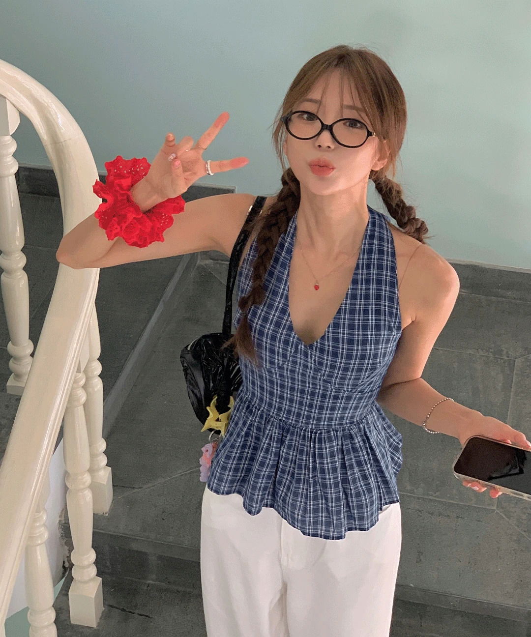 Loader Check Halter Ribbon Frill Bustier Linen Sleeveless Blouse