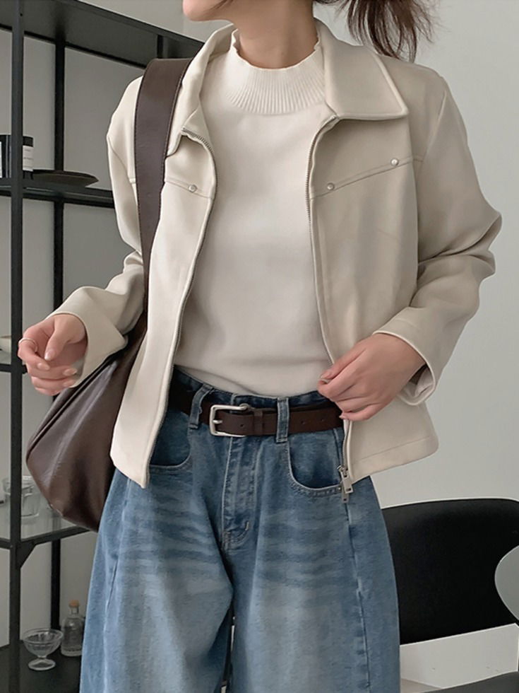 休閒麂皮拉鍊皮革外套