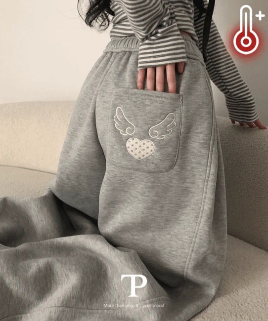 유콤 하이웨스트 백 도트 하트 자수 융기모 와이드 트레이닝 팬츠 (5color)