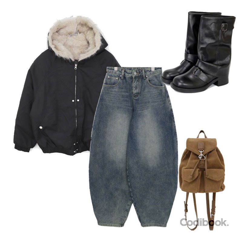 FloridaStudio 에브리데이 젤라 버클 웨지 롱부츠 ED2547,J-BLIN 니바 스웨이드 포켓 백팩,wonderwonder 보인 후드 퍼 후드 패딩 점퍼등을 매치한 코디