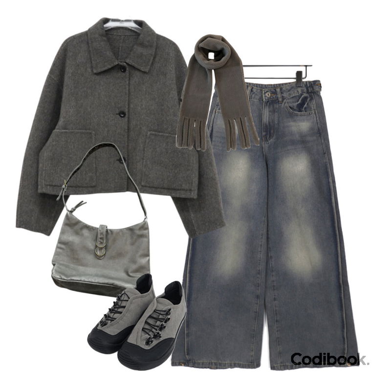 wonderwonder 빈든 사이드 핀턱 백포켓 와이드 데님 팬츠,DAILYJOU 베르딘 플라워 스트링 스니커즈,tipssy grain tone bag (2color)등을 매치한 코디