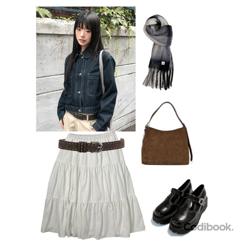 DANGDANG GIRL 앤티크 T 스트랩 스티치 플랫폼 통굽 로퍼 하객룩,MANDARINE TREE # 프렌느 체크 머플러 수술 롱 목도리 겨울 선물 커플템 11 color,wonderwonder 미젠 카라 포켓 워싱 데님 자켓등을 매치한 코디