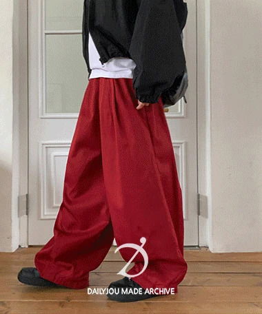 後腰鬆緊寬鬆紅色打摺寬褲