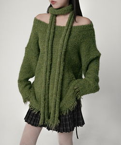 Rumoring Boucle Wool Asymmetric Off- Loose-fit Loose-Fit Knit Scarf Set