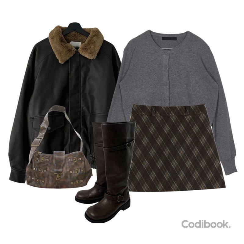 wonderwonder 베룸 빈티지 레더 와이드 스트랩 버클 크로스백,EEZEE Round Neck Basic Knit Cardigan CA009,anyonemore 오빅 셔링 바이커 버클 롱 부츠 (2color)등을 매치한 코디