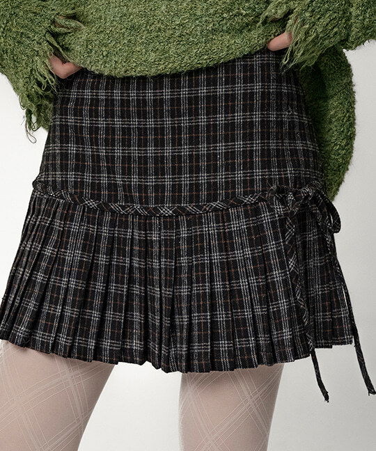 Check Wool Pleated Ribbon Strap Mini Skirt
