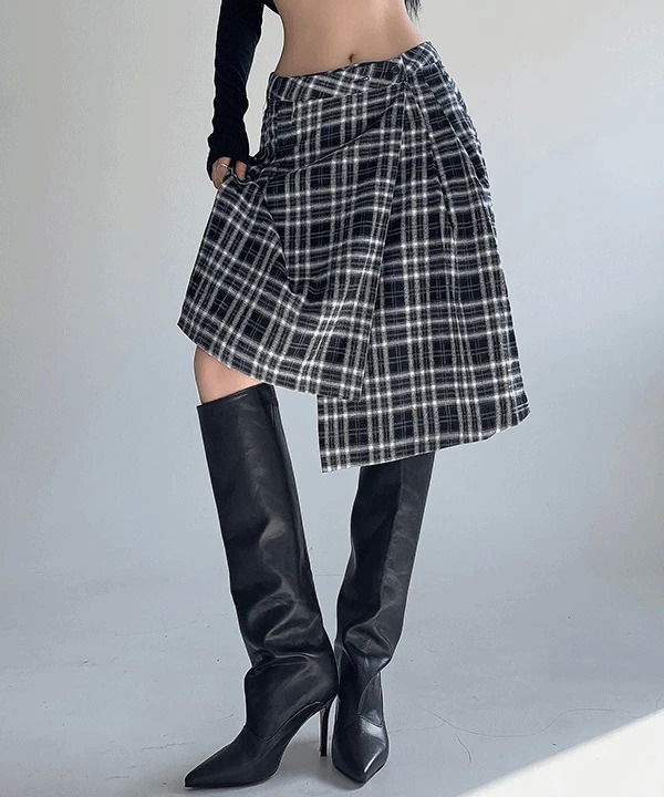 Orb Unbalanced Layered Wrap Midi Check Long Skirt