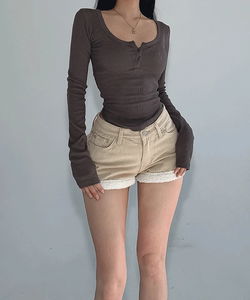 Gulim Ribbed Round Crop Long Sleeve T-Shirt Top