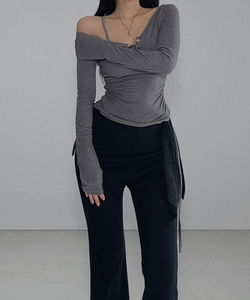 サイドストリングシャーリング長袖クロップTシャツトップ