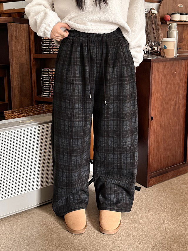 Big size S-XL Chashimyu thick Fleece-lined check pin tuck banding wide pants 長褲