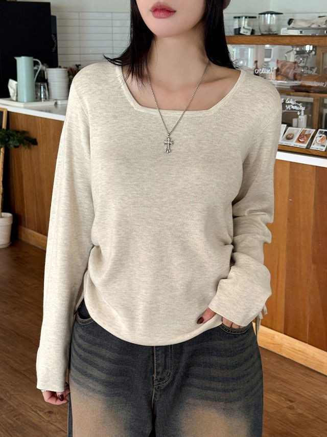 Big size 55-100 oatmeal shirring string Loose-fit square neck wool long-sleeved knitwear  針織衫