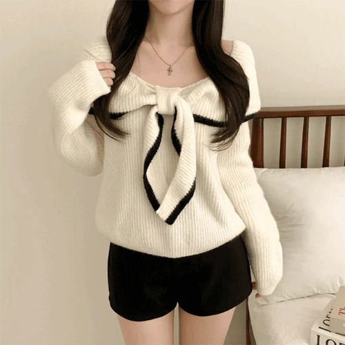 メンジプリル配色リボンオフショルダー長袖ニット