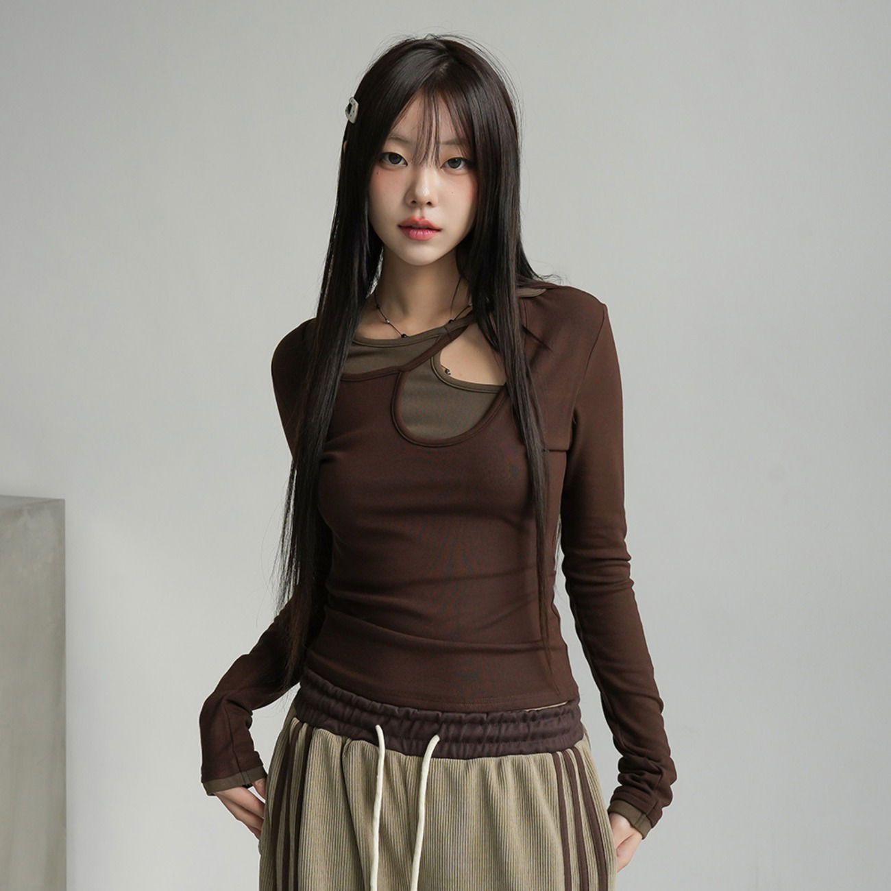 層次配色設計感鏤空長袖T恤