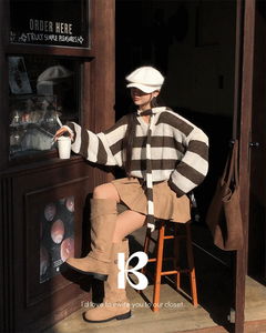 浣熊圖案直紋圍巾針織套裝