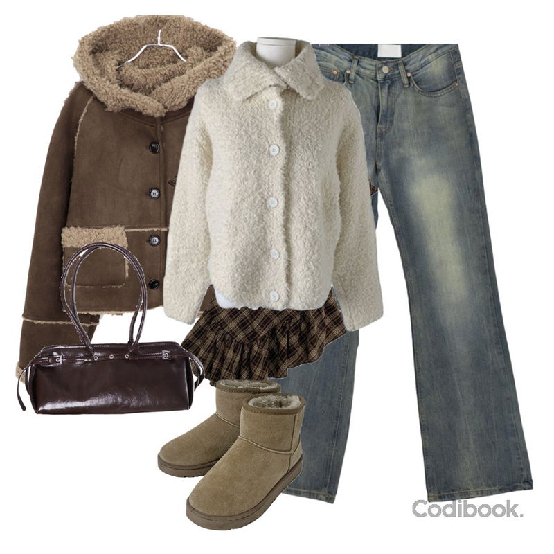 thepink 새링 체크 리본 언발 반팔 블라우스 (2color),EEZEE Low-Rise Washed Straight Bootcut Denim DE046,anyonemore 벤자 어그 양털 숏 부츠 (5color)등을 매치한 코디