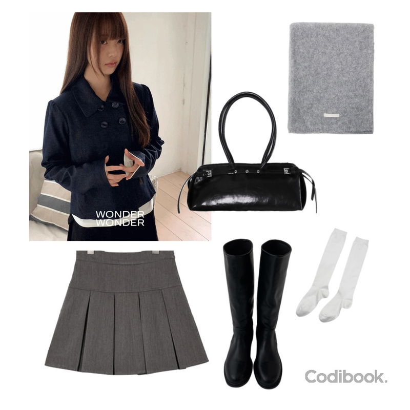 BEIDELLI 뉴진스 하이틴 반플리츠 스커트,binary01 루밋 베이직 니삭스,wonderwonder 듀리 카라 포켓 투버튼 더블 자켓등을 매치한 코디