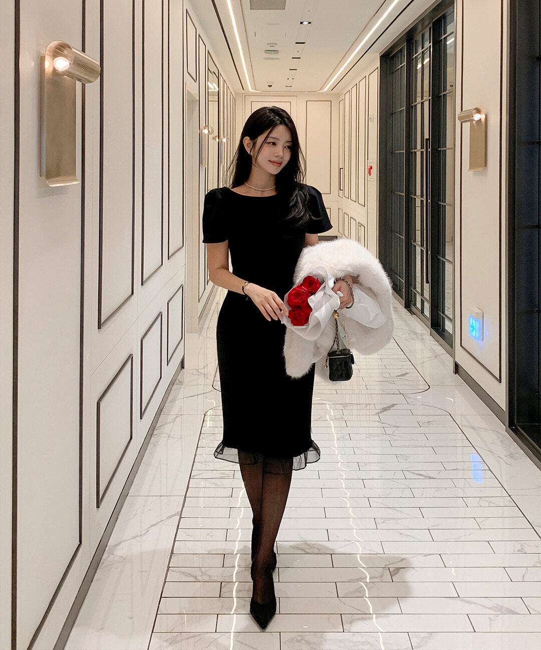 Senua Puff Short Sleeve Organza See-Through Long Dress 及膝洋裝