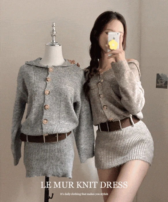 Lemieux Belt Set Collar Off-Shoulder Button Knitwear Mini Dress 迷你短洋裝