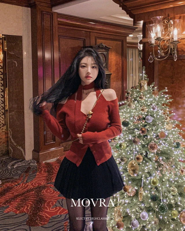 모브라 브이넥 홀터 오프숄더 단추 슬림핏 여리핏 연말룩 겨울 긴팔 니트