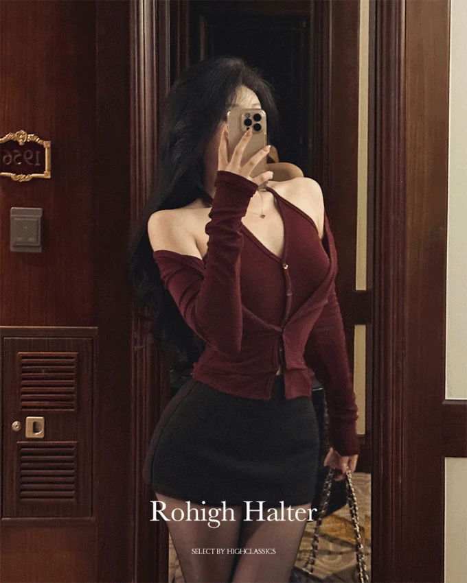 Low-High Halter Sleeveless One-Piece Layered Cardigan, Slim Fit, Tight Long Sleeve T-Shirt