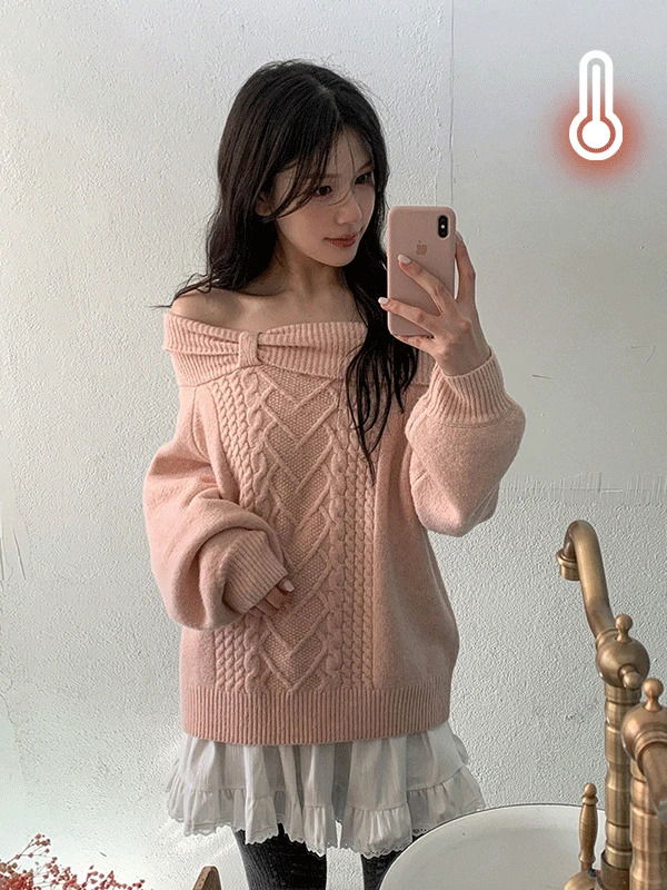 羊毛寬鬆露肩綁帶針織上衣