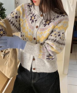 Frosty Nordic Pattern Winter Knitwear Cardigan 2 Colors Matcha Core/Year-End Look/Cowichan