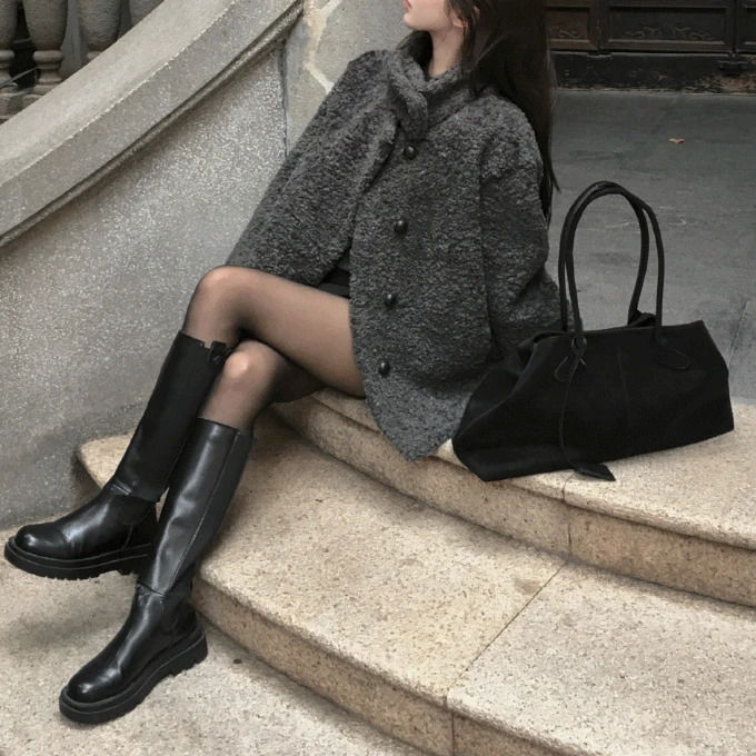 超柔軟寬鬆立領羊毛半長大衣外套