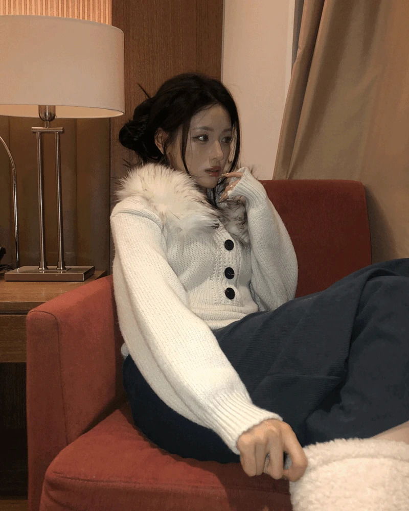 Demi Fur Slim Button Wool Hooded Knitwear