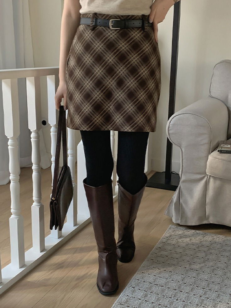 Senne De Vin Outer Fleece-lined Belt Check Mini Skirt (Winter-Autumn-New-Daily-Look-Date-Look-Trendy-Look-Plus-Size-38-H-Line-Skirt) 裙子