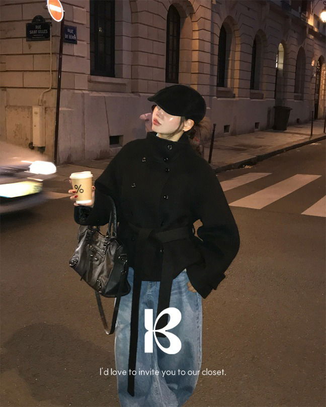 센터 허리끈 울 숏 코트