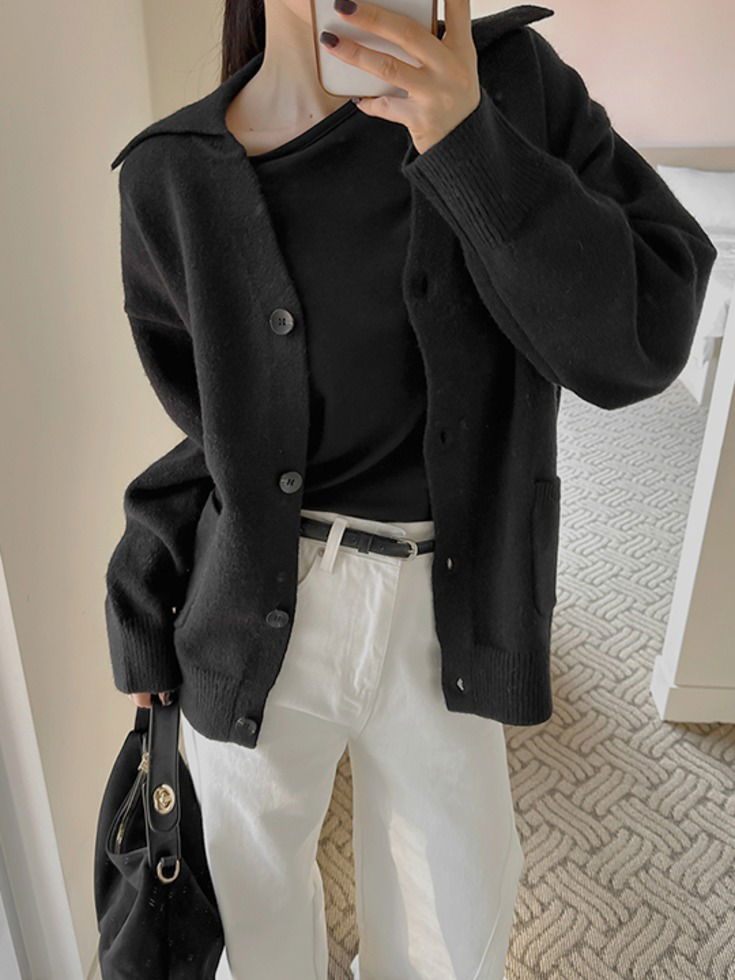 寬鬆V領開襟排扣針織外套