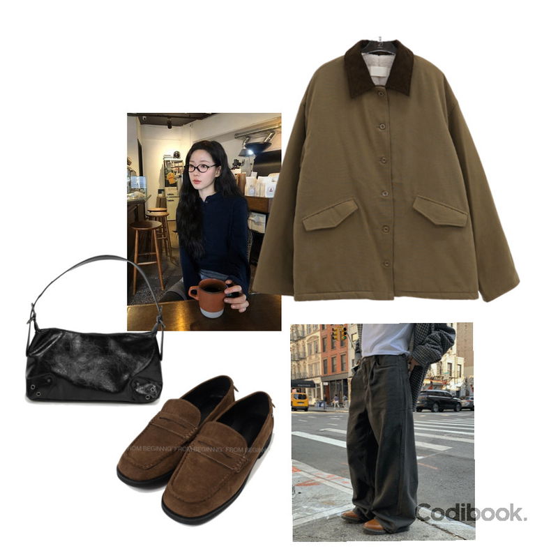 DAILYJOU 피키 코듀로이 배색 워크 자켓(양털안감),From Beginning(O) 태슬포인트 스웨이드 페니 로퍼 (2color),From Beginning(O) 재닛 버튼 카라 니트 (8color)등을 매치한 코디