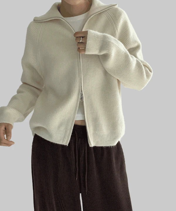 素色拉克蘭袖連帽拉鍊針織外套