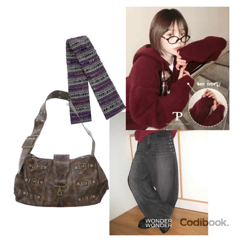 AAKE (*) ETHNIC SLIM MUFFLER (purple / brown),wonderwonder 베룸 빈티지 레더 와이드 스트랩 버클 크로스백,wonderwonder 엔티 스터드 포켓 벌룬핏 워싱 데님 롱 팬츠등을 매치한 코디